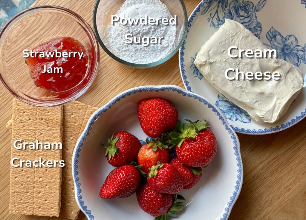 ingredients that are labeled and out on a table for cheesecake stuffed stawberries