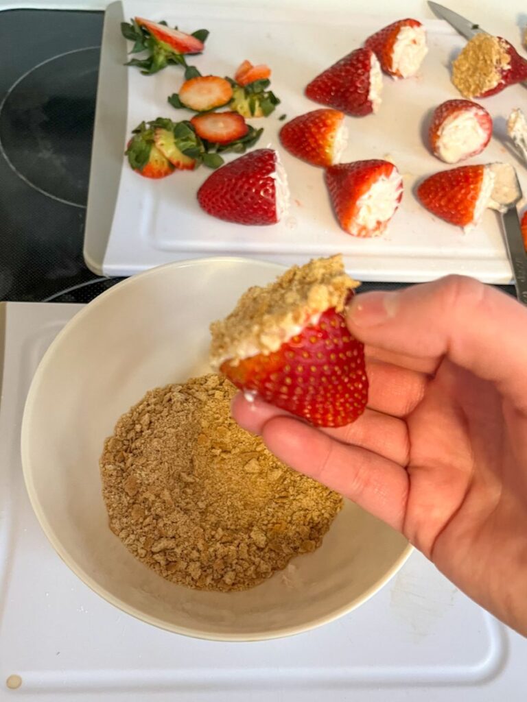 graham cracker crumbs in a bowl and a hand holding a strawberry that it just dipped