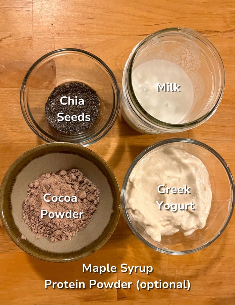 A photo of ingredients in separate bowls including chia seeds, milk, yogurt, and cocoa powder