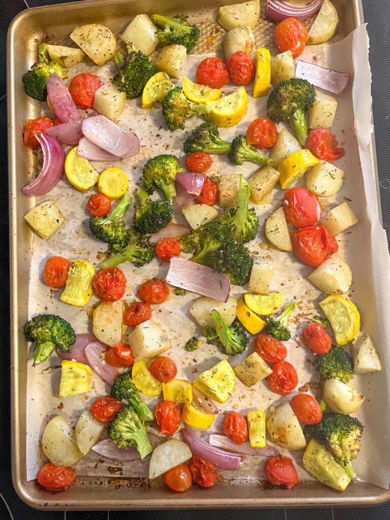Italian roasted vegetables out of the oven on a sheet pan
