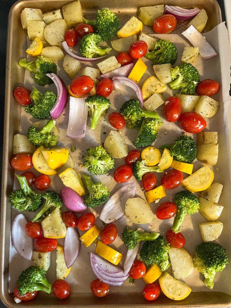 All the Italian vegetables on a baking sheet