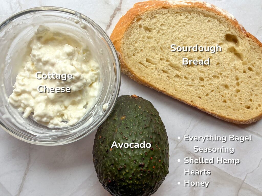 Ingredients of cottage cheese avocado toast laid out on a table with labels