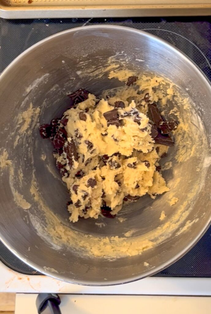 Flour mixture added into dough and then chocolate