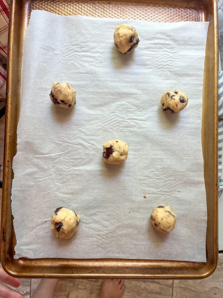 eggless chocolate chip cookie dough on a baking sheet