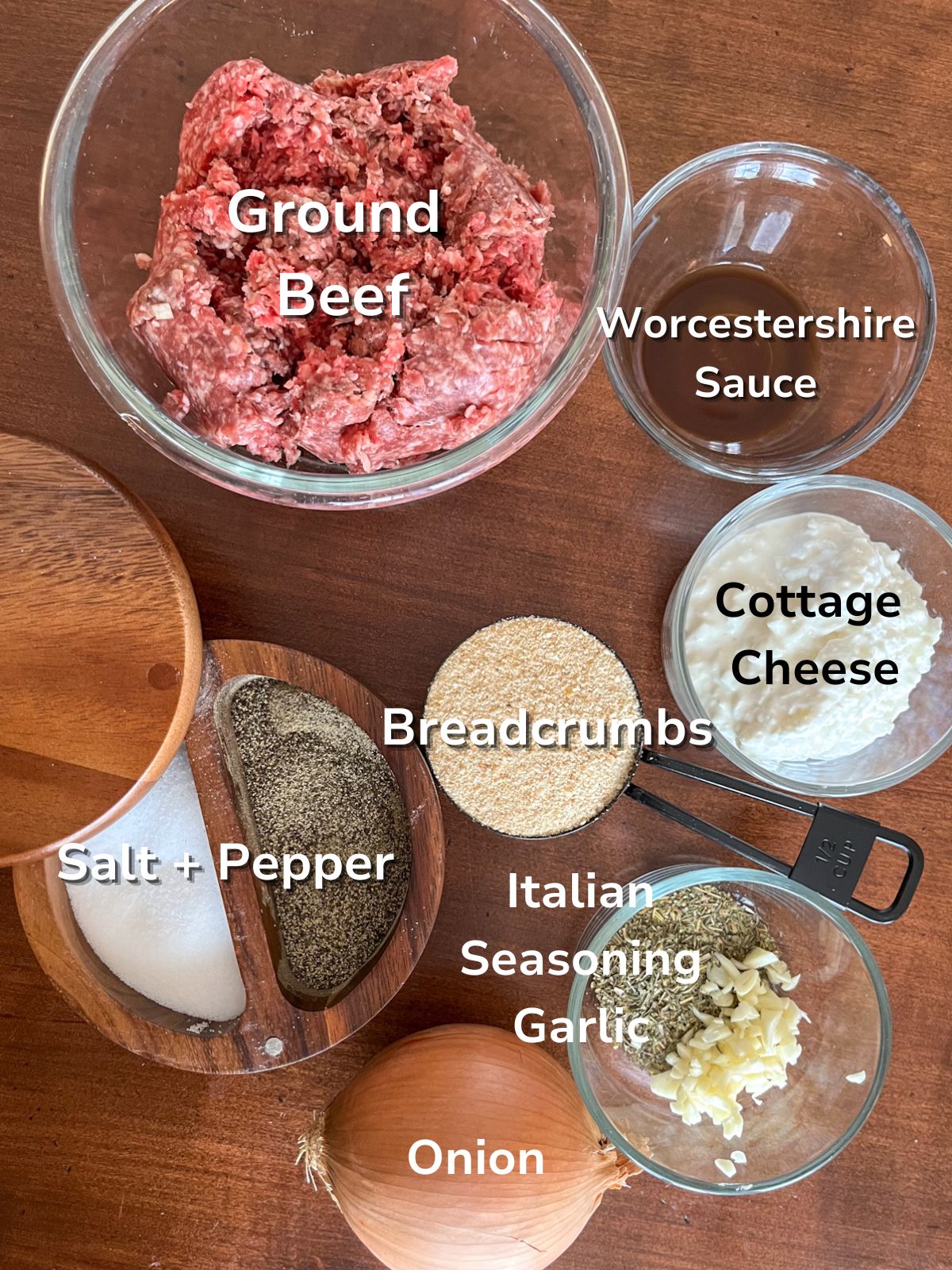 Ingredients for eggless meatballs in individual containers with labels