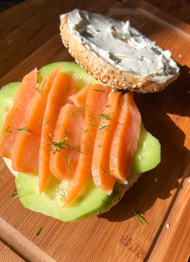 Open faced smoked salmon bagel