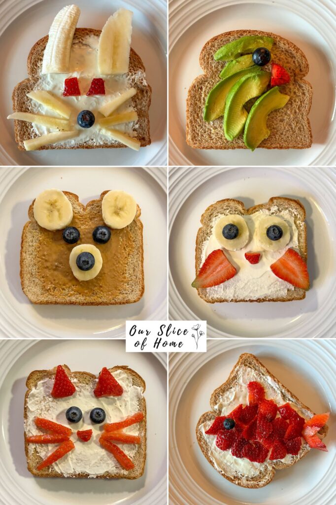 Collage of all 6 animal face toasts