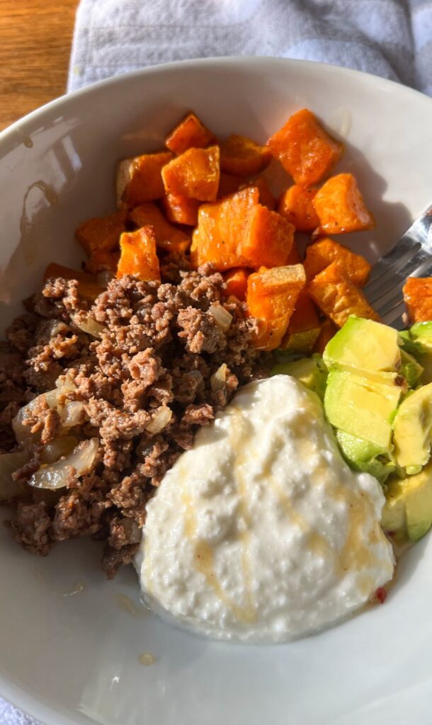 Up close picture of ground beef hot honey bowl