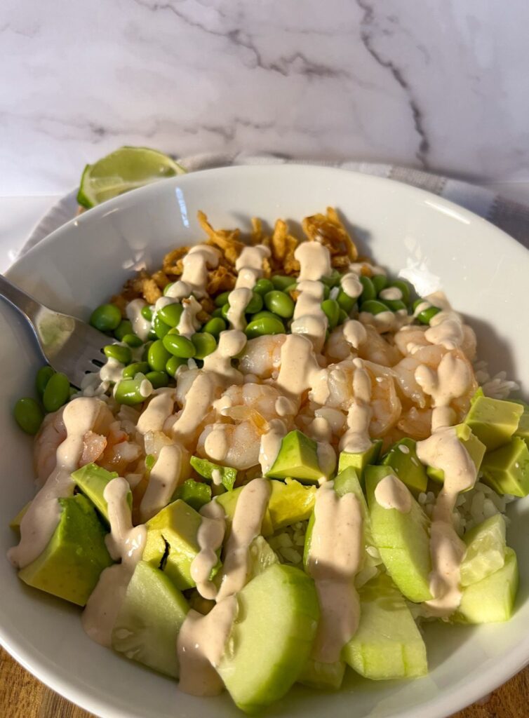 Up close shot of shrimp and rice bowl