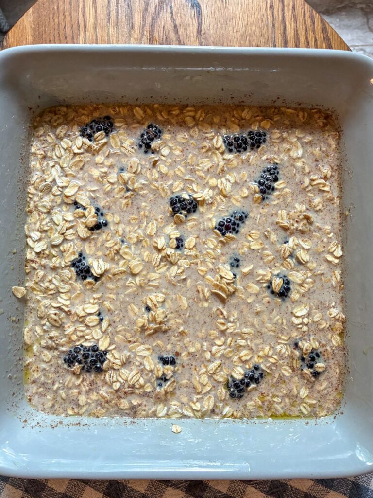 blackberry oatmeal bake in a baking dish
