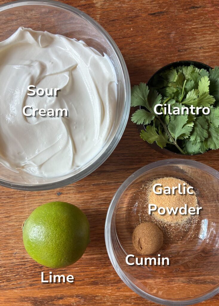 Ingredients on a table and on a small bowl used in cilantro lime sauce