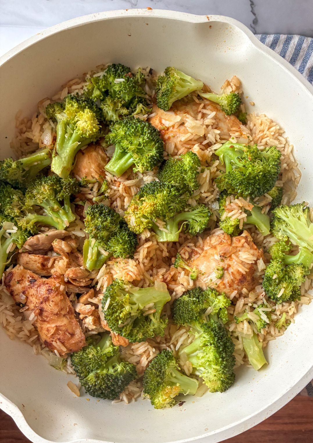 Top angle photo of the finished dish in a large skillet