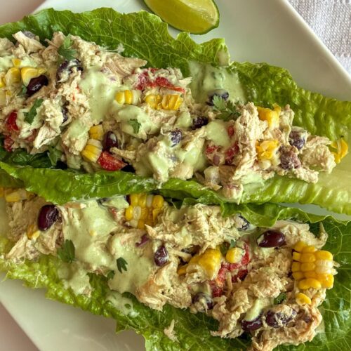 southwest chicken salad in two lettuce wraps