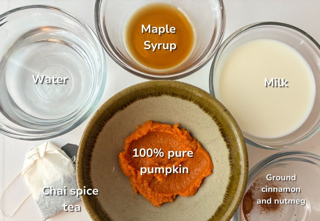 Ingredients for pumpkin chai tea latte in bowls with labels on them.