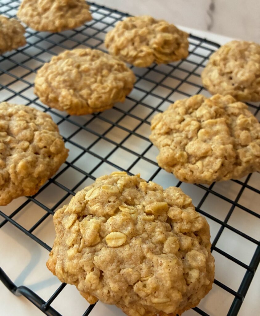 Eggless oatmeal cookies on a cooling rack.
