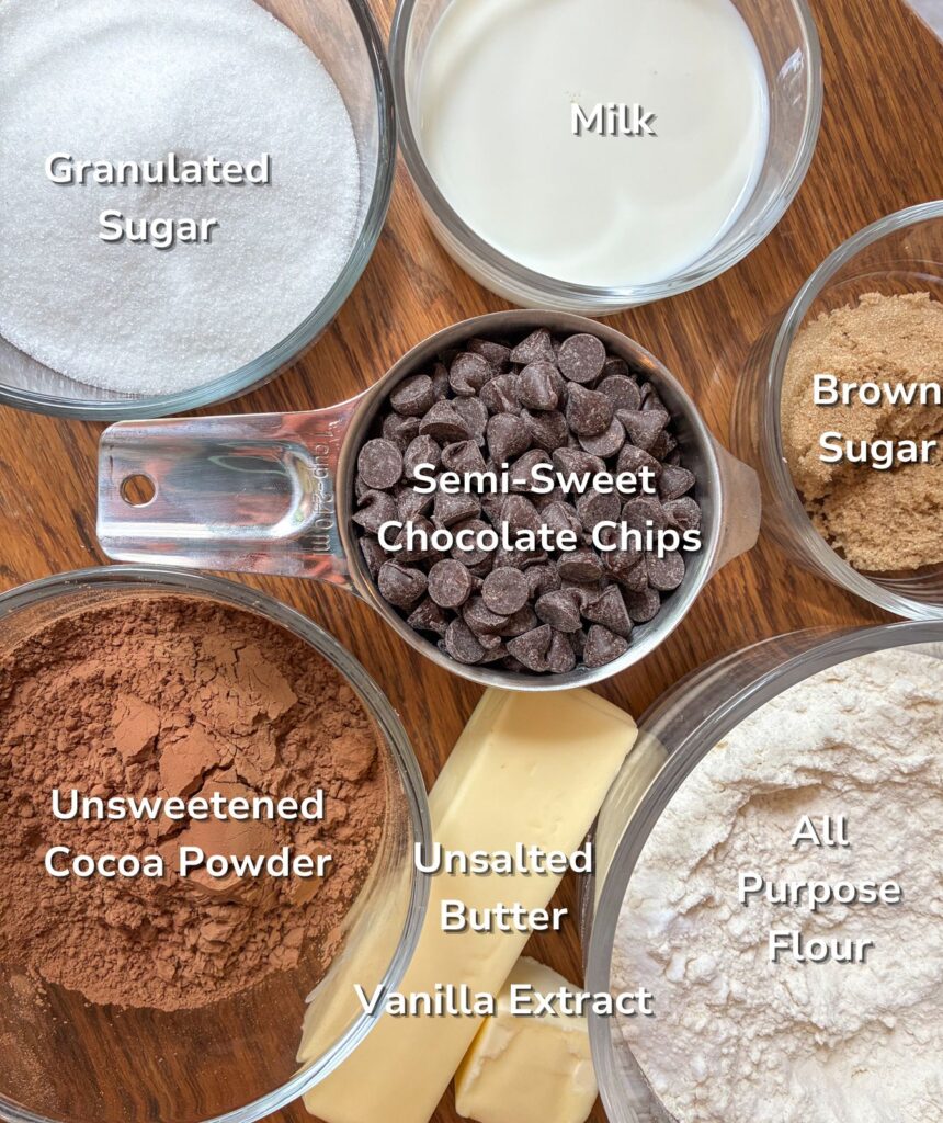 Ingredients on the table for double eggless chocolate chip cookies in individual containers