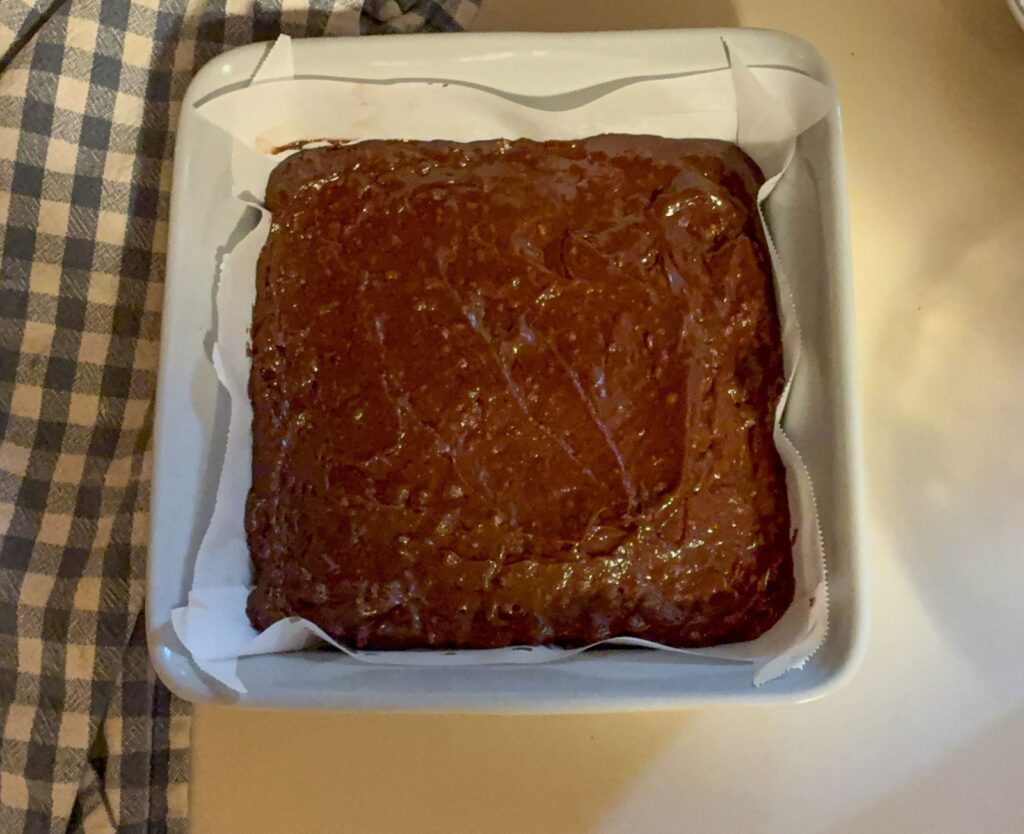 eggless brownie batter in the baking dish