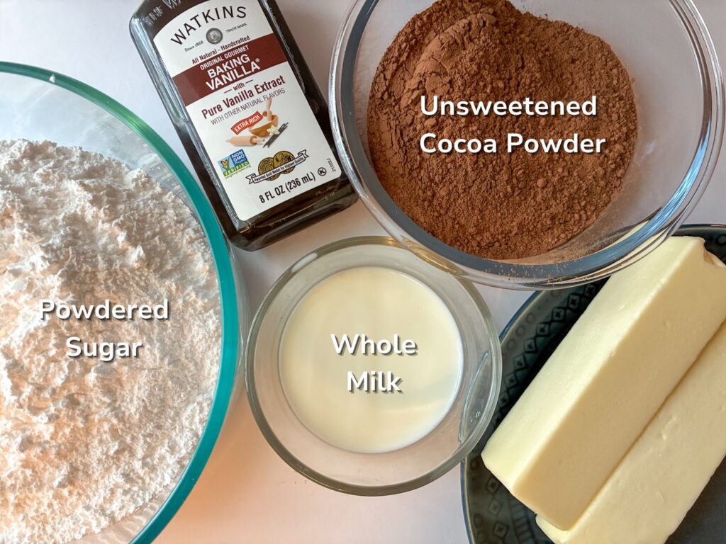ingredients in individual bowls for the chocolate buttercream frosting