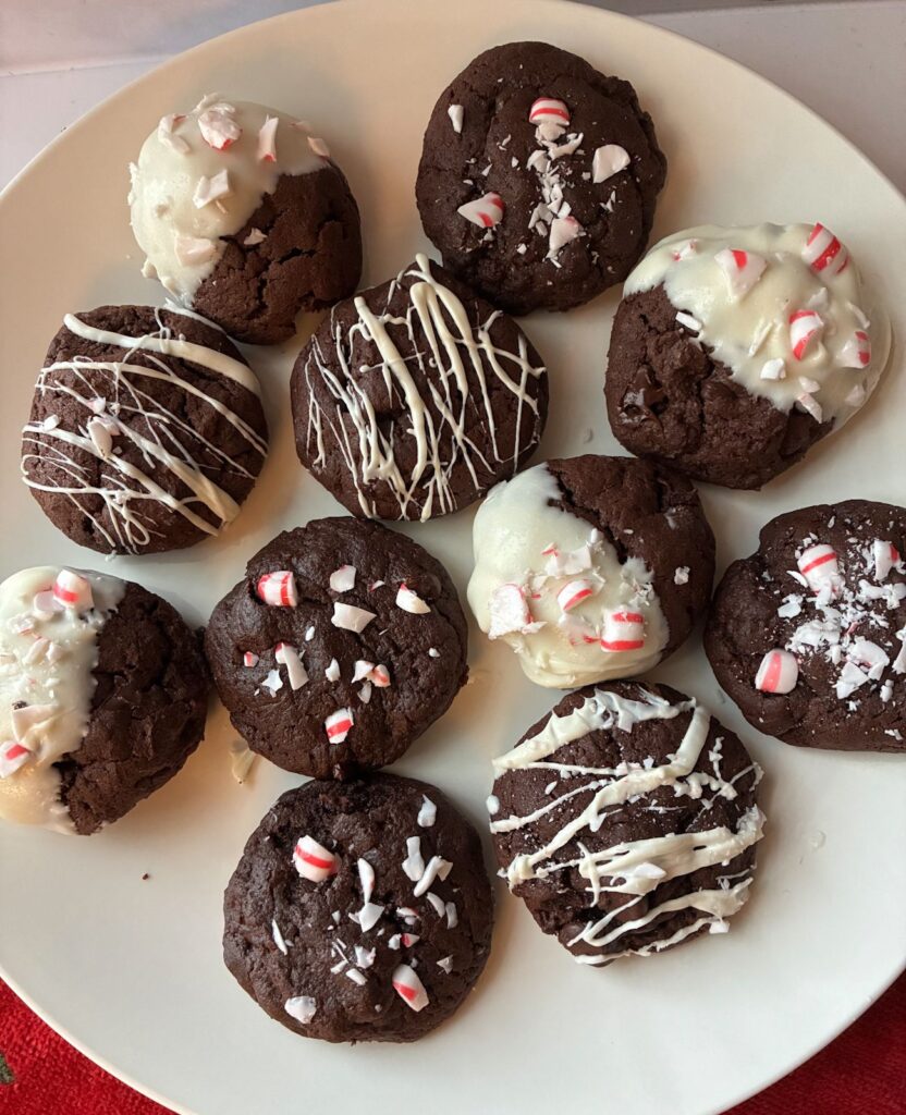 Eggless peppermint chocolate cookies of various designs on a plate