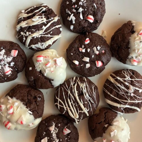 Eggless peppermint chocolate cookies of various designs on a plate