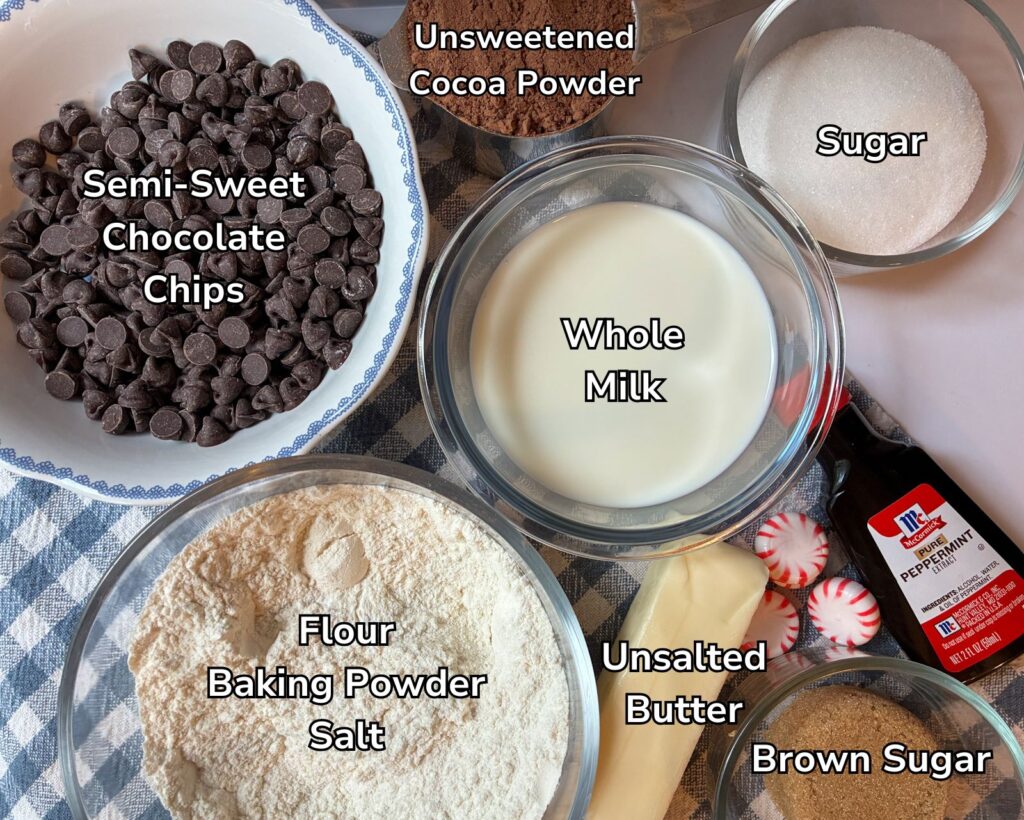 Ingredients for eggless chocolate peppermint cookies laid out on a table