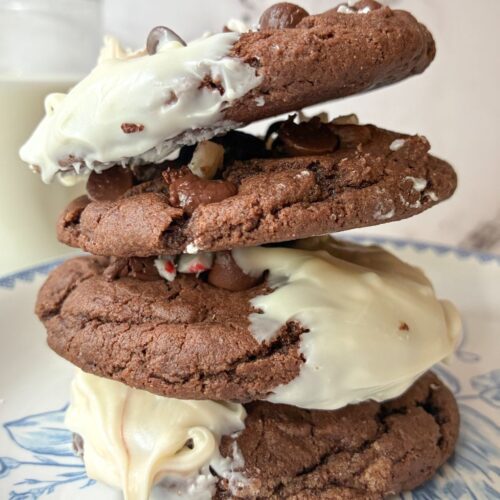 4 eggless chocolate peppermint cookies stacked on top of each other