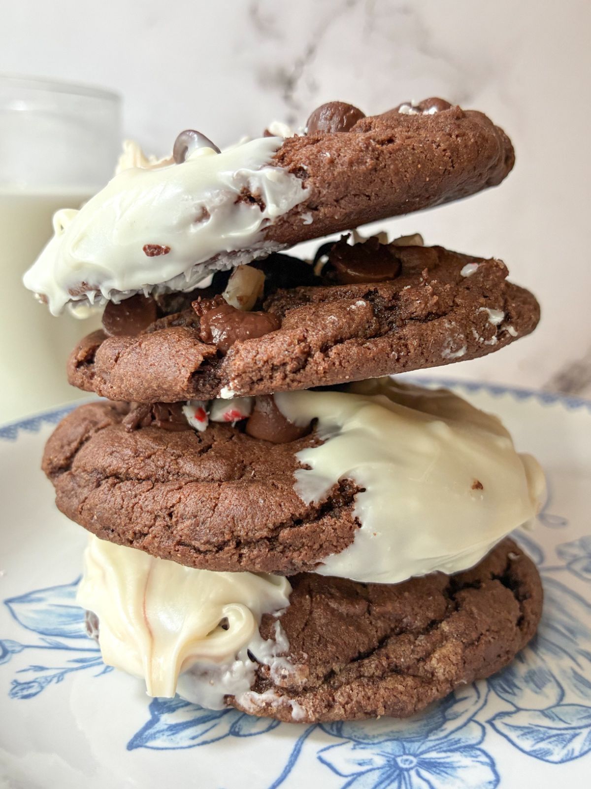 4 eggless chocolate peppermint cookies stacked on top of each other