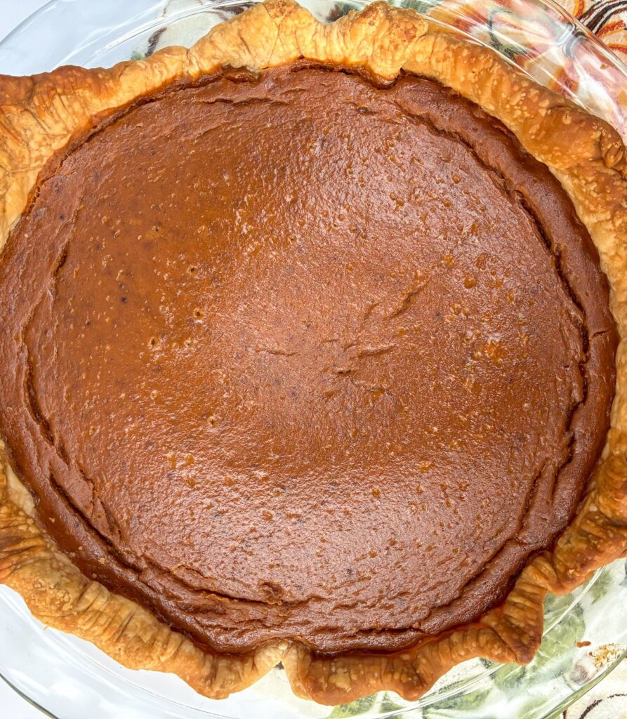 finished eggless pumpkin pie still in the pan