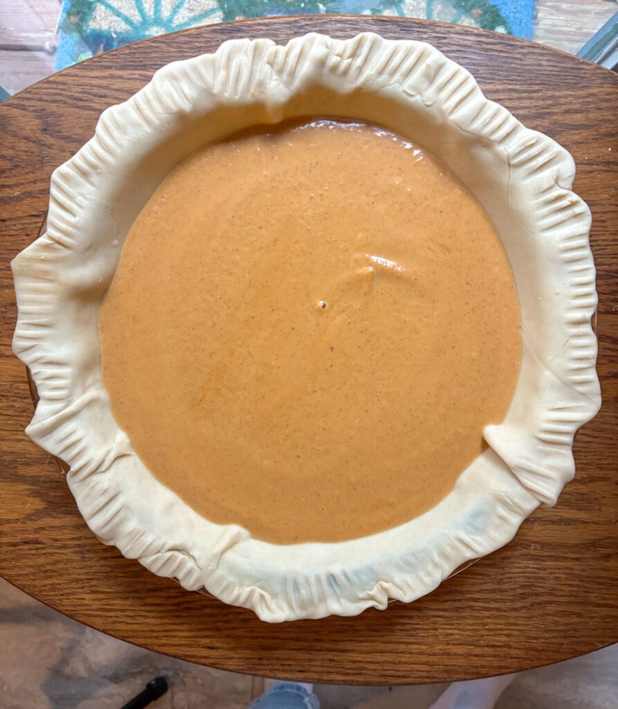 Eggless pumpkin pie before it goes into the oven