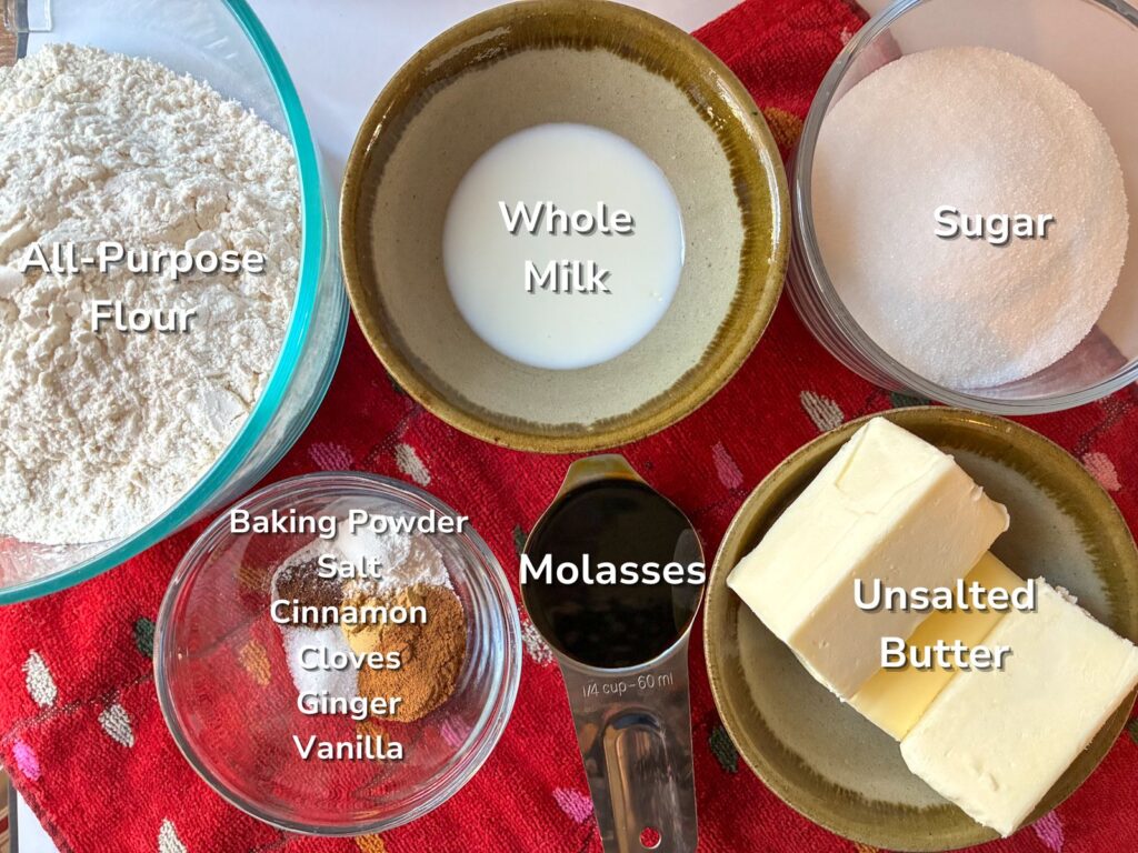 Ingredients in small bowls for eggless molasses cookies and with text overlay of what the items are