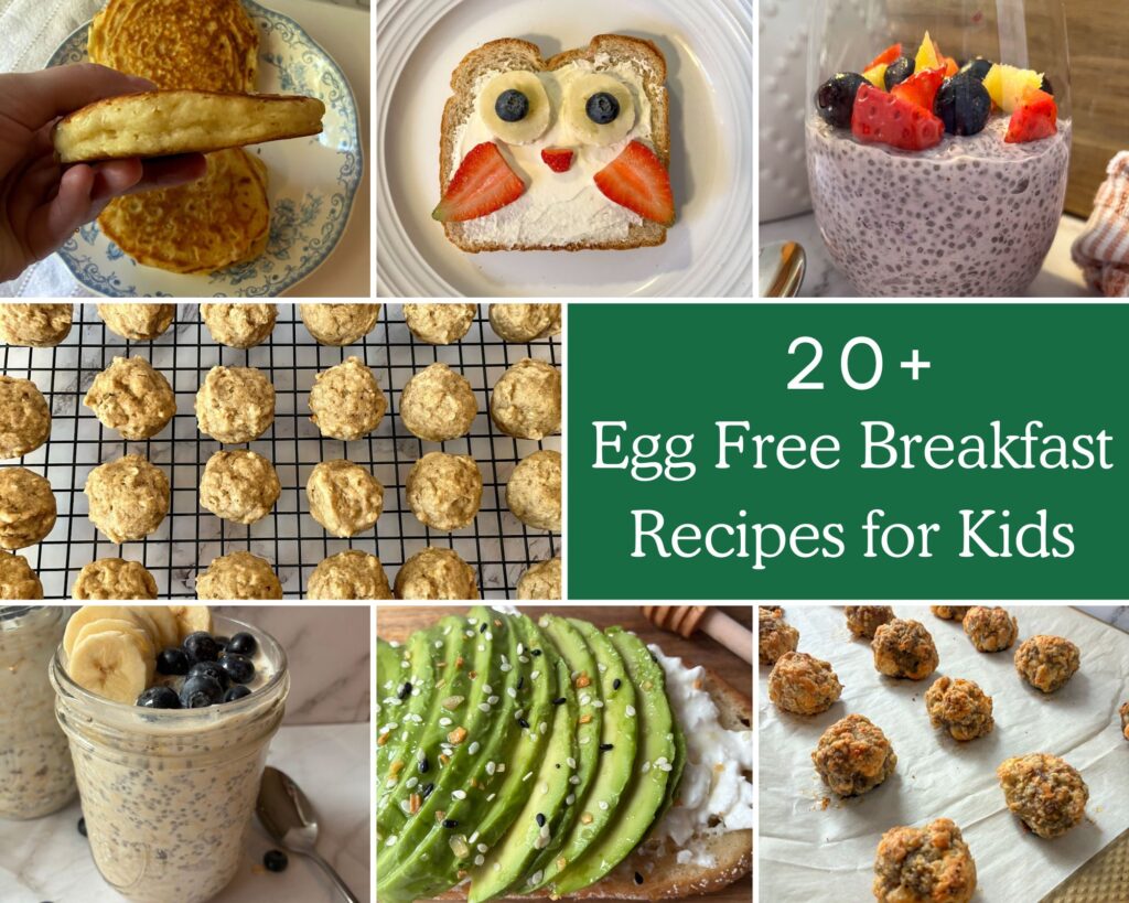 Collage of 7 egg-free breakfast recipes for kids