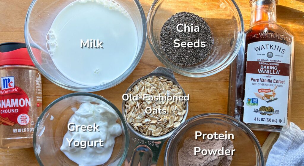 Ingredients in overnight oats without peanut butter laid out on the table
