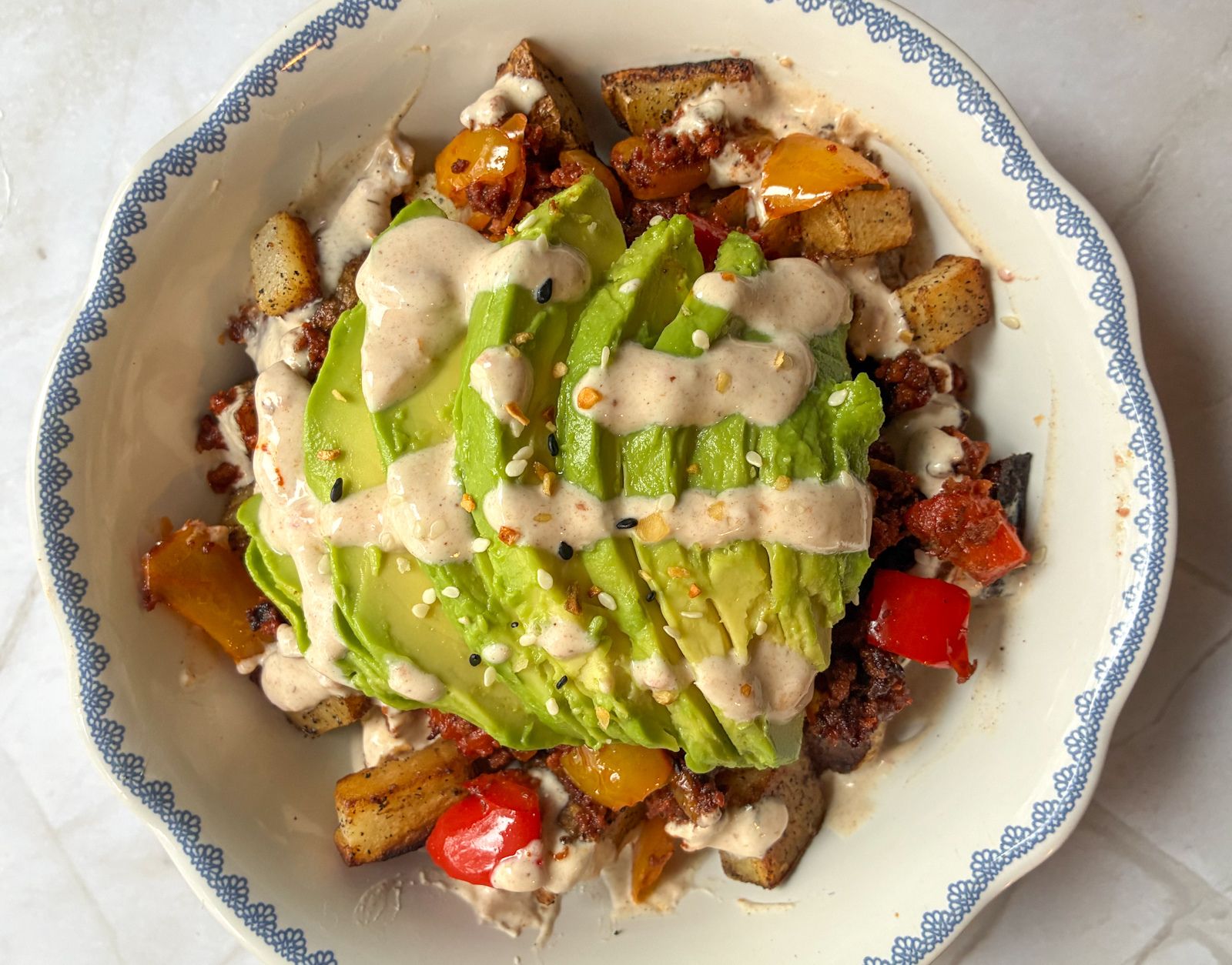 Chorizo breakfast bowl in a large bowl