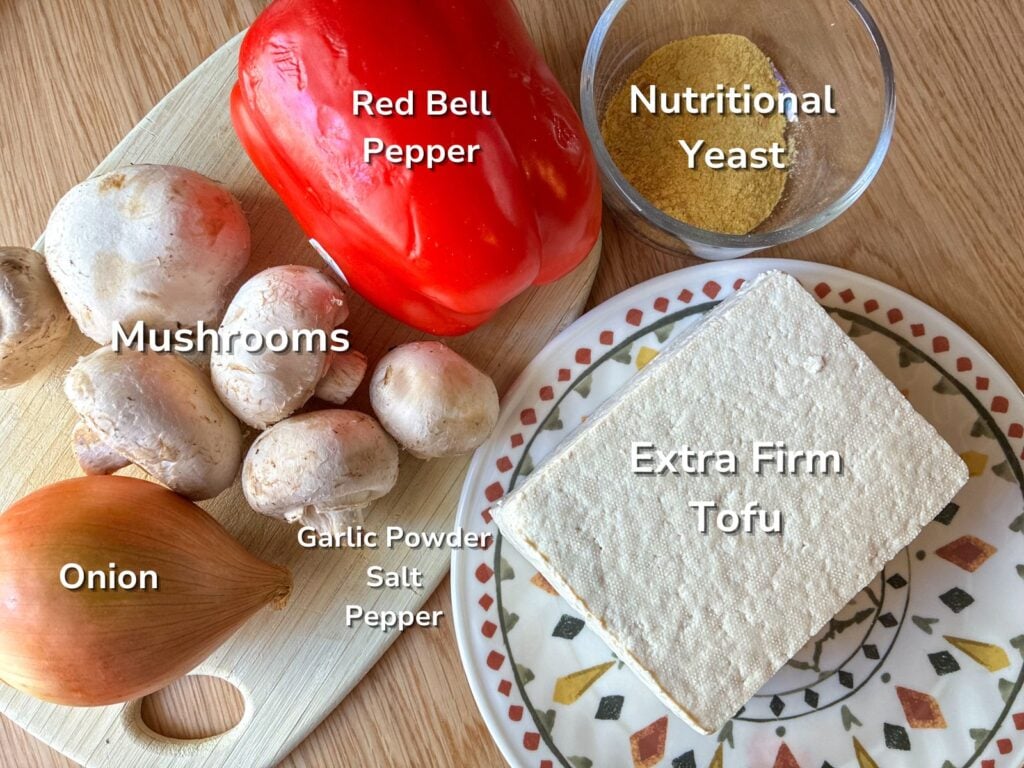 Ingredients for the vegetable tofu scramble laid out on the table