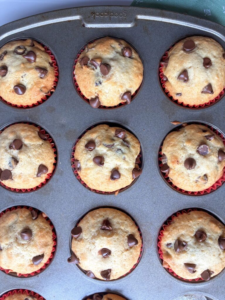 Eggless chocolate chip muffins fresh out of the oven