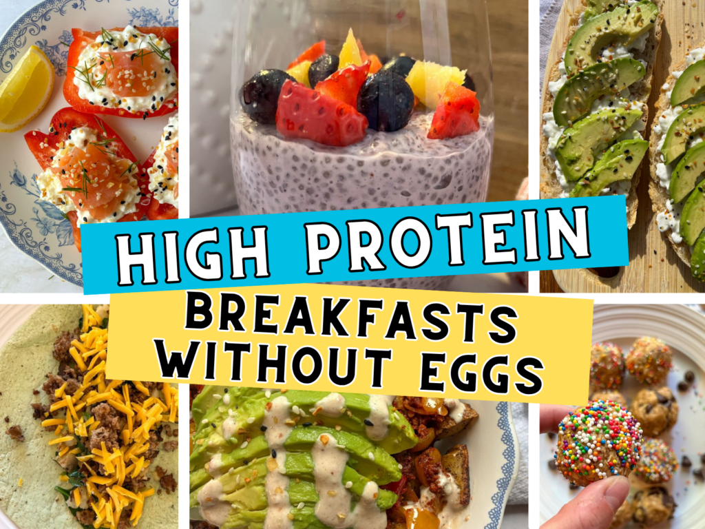 A collage of high protein breakfasts without eggs