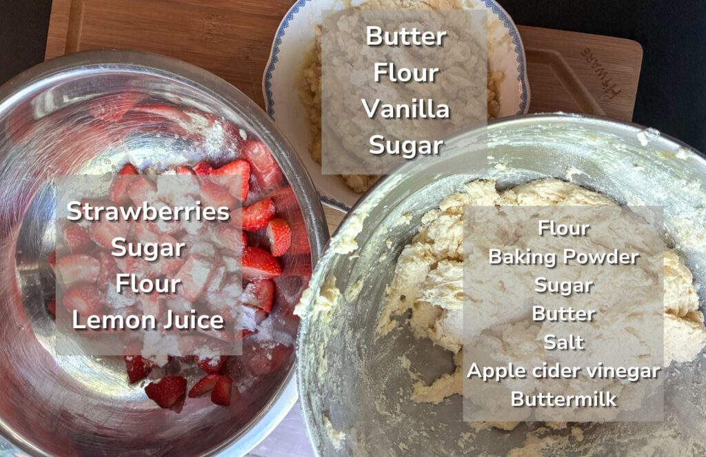 Three bowls for each layer of the cake with ingredients written out on the top
