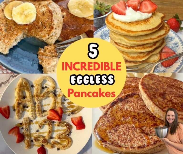 A collage of 4 pictures of eggless pancakes