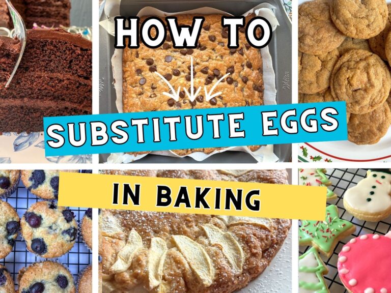 How to substitute eggs in baking as the text over several cake and cookie pictures