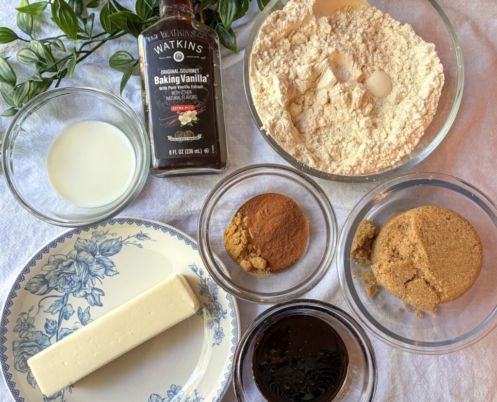 ingredients for eggless gingerbread cookies laid out on a table