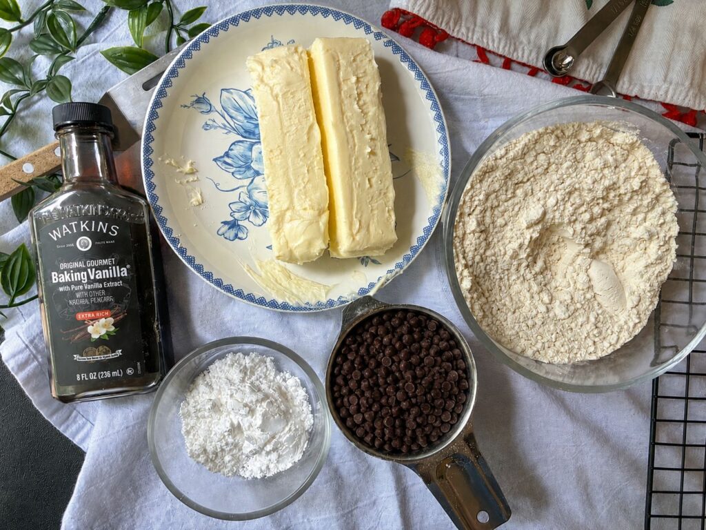 snowball cookie ingredients laid out on the table