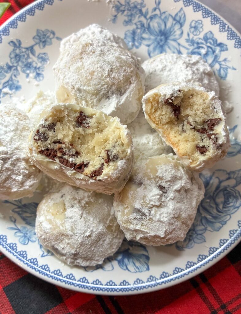 Snowball cookies without nuts on a plate