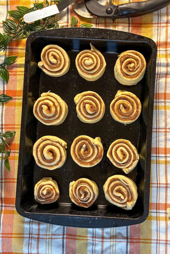 eggless cinnamon rolls in a 9x13 baking pan before rising